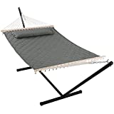 Lazcorner Double Hammock with 12 Feet Heavy Duty Steel Stand Combo, 2 Person Quilted Fabric Hammocks with Stand for Outdoors Indoors, 450 LBS Weight Capacity, Gray