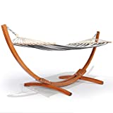 HOPUBUY Wood Hammock Stand with Hammock, Curved Pine Hammock for Indoor and Outdoor, Arc Hammock Stand for Backyard, Balcony, Picnic Camp. 250lb Capacity, Beige and Blue