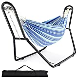 Zupapa Hammock with Stand 2 Person, Upgraded Steel Hammock Frame and Polycotton Hammock, 550LBS Capacity for Indoor Outdoor Use (Blue Sea Ripples)