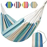 INNO STAGE Brazilian Hammock Cotton Hammock Portable Blue Hammock with Carry Bag for Backyard, Porch, Outdoor and Indoor Use Blue & Green Stripes