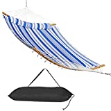 Cool Area Double Hammock with Curved-Bar Bamboo and Detachable Pillow, Quilted Fabric Bed 11 Feet Perfect for Patio Yard, Blue & White Strip