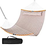 SUNCREAT 13.8 FT Hammocks Quilted Fabric Double Hammock with Detachable Curved Bamboo Spreader Bar and Soft Pillow, Max 450 lbs Capacity, Tan