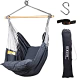 Bengum Hammock Chair Hanging Swing | Indoor and Outdoor Use | Large Swinging Seat Chair for Patio, Bedroom, or Tree | 2-Tone Grey Durable Hammock + 2 Cushions + Side Pocket + Rope + Carrying Bag + S