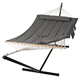 SUNCREAT Double Outdoor Hammock with Stand, Two Person Cotton Rope Hammock with Polyester Pad, Dark Gray