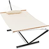 Gafete Two Person Hammock with Stand Included Two Person Heavy Duty Outside Portable Cotton Double Hammocks with Hardwood Spreader Bar Soft Pillow for Patio Outdoor, Max 475lbs Capacity ( Beige )