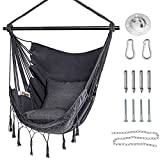 HBlife Hammock Chair, Max 330 Lbs, 2 Pillows Included, Dark Gray Hanging Chair with Pocket and Macrame, Swing Rope Chair for Bedroom, Backyard and Deck
