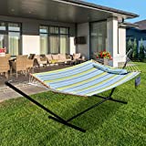 Hammock with Stand Included 2 Person Heavy Duty 450 Pounds Capacity, Outdoor Double Hammock Stand with Bamboo Pad Pillow and Cup Holder for Patio, Porch, Deck, Yard, Garden, Yellow & Blue Strip