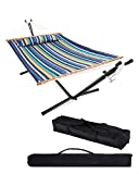 VALLEYRAY 9 Foot Steel Stand with Quilted Hammock Combo 450lbs Capacity, Polyester Pad and Pillow for Camping Backyard Patio Deck Use (Blue Yellow Stripes)