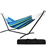 SUNNY GUARD Double Hammock with Space Saving Steel Stand Included Protable 2 Person Heavy Duty Brazilian Hammock for Patio Porch Backyard Garden（450lb Capacity）-Blue/Green
