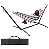 Double Hammock with Space Saving Steel Stand (450 lb Capacity - Premium Carry Bag Included) - for para Patio, Indoor and Outdoor (Coffee/Blue Stripes)