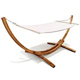 Wooden Hammock with Stand Outdoor Spreader Bar Hammock with Stand Arc Hammock Bed Chair with Stand for Single Person 250 lb Capacity (Beige)