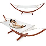 ECOTOUGE 13.3 FT Wooden Double Hammock with Stand 2 Person Heavy Duty, Easy Assemble, Weatherproof Premium Quilted Camping Hammock for Outdoor, Patio(White)