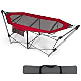 GYMAX Hammock with Stand Included, Camping Hammock with Carrying Bag & Storage Pocket, Portable Heavy Duty Self Standing Hammock, Indoor/Outdoor Hammock Chair for Patio Beach Yard Garden (Red)