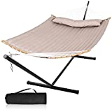 Mansion Home Hammock with Stand, Foldable Curved Bar Hammock with Stand 2 Person Heavy Duty, Double Hammock with 12 FT Detachable Stand, Pillow & Portable Carrying Bag, Heavy Duty 450lbs, Tan