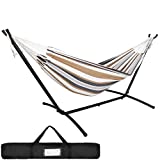 SUPER DEAL Double Hammock with 9FT Space Saving Steel Stand, Heavy Duty 2-Person Hammock Bed and Stand with Portable Carrying Case, 620LBS Capacity, 6 Optional Hook Positions for Garden Yard