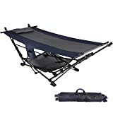 RedSwing Portable Folding Hammock with Stand, Collapsible Freestanding Hammock with Removable Pillow and Storage Net for Outdoor Yard Beach, Heavy Duty, 264lbs Capacity (Grey and Blue)