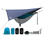 LAZZO Camping Hammock Set All-Inclusive,Single Hammock, Net,Tarp,Suspension,Guyline,Stakes and Backpack,Perfect for Backpacking,Camping,Hiking & Yard (Blue, 9.2)