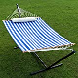 Gafete Waterproof Hammock with Stand Included 2 Person Heavy Duty Textilene Double Hammock and Pillow for Patio Outdoor, Max 475lbs Capacity Quick Dry (Blue)