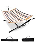 Quick Dry Hammock with Stand Outdoor Poolside Beach Patio Yard Hammocks, Waterproof UV Resistance, 2 Person 550 Pound Capacity, (Yellow White Stripes)