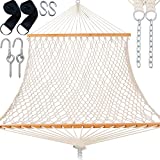 Gafete 52' Width Double Hammocks with 5ft Tree Straps Traditional Hand Woven Cotton Rope with Free Chains & Straps & Hooks Double Solid Wood Spreader Bar for Outside Outdoor, Max 450Lbs ( Natural )