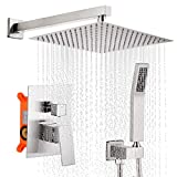 Qomolangma 12 inches Bathroom Rain Shower System with Pressure Balance Valve,Brushed Nickel Wall Mounted 2-Functions Shower Faucet Set with Handheld Shower, Rough-In Valve Body Incuded