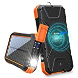 BLAVOR Solar Charger Power Bank 18W, QC 3.0 Portable Wireless Charger 10W/7.5W/5W with 4 Outputs & Dual Inputs, 20000mAh External Battery Pack IPX5 Waterproof with Flashlight & Compass (Orange)
