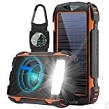 Solar Power Bank, BLAVOR Wireless Phone Charger, Portable Solar Powered Pack 20,000mAh with Camping Light, Compass Carabiner, Type C Input, IPX5 Waterproof Shockproof Dustproof (Orange)