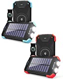 10,000mAh Solar Phone Charger with Dual Flashlight and Qi Wireless Charging, Set of Two (Light Blue and Red)