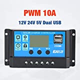 POWLAND 10A Solar Charge Controller, PWM Solar Charge Controller 12V/24V, Compatible with Lead-Acid Batteries, Adjustable LCD Display, Solar Panel Charge Regulator with Dual USB Port