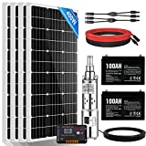 Pumplus 400W Solar Well Submersible Pump Kit, 3' Large Flow 250W Solar Well Pump + 4pcs 100W Solar Panel + 2 pcs 100Ah Battery + Charge Controller, Max Flow 6.5GPM, Max Head 98ft