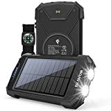 Solar Charger Power Bank, Qi Wireless Charger 10,000mAh External Battery Pack Type C Input Port Dual Flashlight, Compass, Solar Panel Charging (Black)