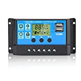 Anern 20A Solar Charge Controller, 12V 24V Solar Panel Battery Intelligent Regulator with Dual USB Port Multi-Function Adjustable LCD Display PWM Auto Paremeter Solar Panel Charger Controller