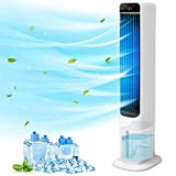 2-In-1 Evaporative Air Cooler - 41” Quiet Cooling Tower Fan Humidifier Portable Swamp Cooler with Bladeless Design 2 Ways Add Water 50° Oscillation Remote Control 3 Wind Speeds 12H Timer 4 Ice Boxes for Home & Office