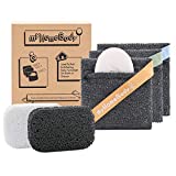 Soap Pocket Squares Exfoliating Soap Saver Pouch | Body Scrubber, Exfoliator Sponge for Bath or Shower | for 5oz Bar Soap or Leftover Bits | Graphite Gray, 3 Pack + 2 Soap Lifting Pads