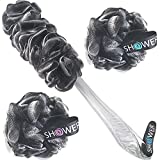 Loofah-Charcoal Back-Scrubber & Bath-Sponges by Shower Bouquet: 1 Long-Handle-Back-Brush plus 2 Extra Large 75g Soft Mesh Poufs, Men & Women - Exfoliate with Full Pure Cleanse in Bathing Accessories