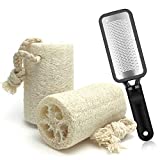 NAXMI Natural Loofah Sponge Exfolianting – With Professional Pedicure Foot File to Remove Dead Skin Set Body Scrubber for Bath or Shower Organic Loofah for Skin Care (3 Pcs)