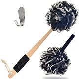 Loofah Back Scrubber | Bamboo Charcoal Infused Shower Scrubber | Bath-Sponge | Exfoliating Lufa Body Scrubber for Men & Women | Includes 1 Loofah on a Stick,1 Luffa Pouf and 1 Hook to Hang Loufa-Black