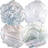 Loofah-Bath-Sponge XL-75g-Soft-Set by Shower Bouquet: 4-Pack-Pastel-Colors - Extra-Large Mesh Pouf Scrubber for Men and Women - Exfoliate with Big Lathering Cleanse