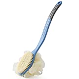[2nd Generation] Shower Body Brush with Bristles and Loofah,Back Scrubber Bath Mesh Sponge with Curved 16' Long Non-Slip Handle Skin Exfoliating Massage Suitable for Men and Women (Blue)