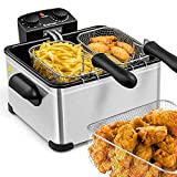 COSTWAY Deep Fryer, 1700W Stainless Steel Fryer with Heating Element, Triple Basket, 5.3QT/21-Cup Oil Container & Lid with View Window, Adjustable Temperature & Timer, for Kitchen & Restaurant (5.3qt)