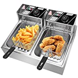 ROVSUN 12L/12.7QT Electric Deep Fryer w/ Baskets & Lids, Countertop Stainless Steel Dual Tank Kitchen Fat Fryer Frying Machine for French Fries, Donuts and More, Adjustable Temperature, 5000W