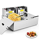 Hopekings Commercial Deep Fryer with Baskets & Lids, 12.7QT Electric Deep Fryer with Temperature Control, Stainless Steel, Double Countertop Oil Fryer for French Fries Fish Restaurant Home Kitchen