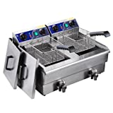 Heavy Duty 20L Dual Tank Stainless Steel Electric Deep Fryer w/Drain Timer Baskets for French Fry Chicken Wing Drumstick Commercial Kitchen Restaurant Catering