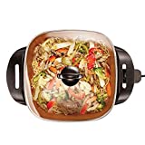 BELLA Electric Ceramic Titanium Skillet, Roast, Fry and Steam, Healthy-Eco Non-stick Coating, Convenient Easy Clean Up, Glass Lid Included, 12' x 12', Copper/Black