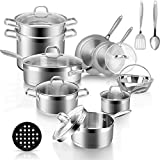 Duxtop Professional Stainless Steel Pots and Pans Set, 18-Piece Induction Cookware Set, Saucepan with Pour Spout and Strainer Lid, Impact-Bonded Technology