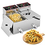 Commercial Deep Fryer with Basket 2 x 6.3QT/6L Electric Fryer with Drain Valve&Time Controller&Temperature Controller Countertop Large Stainless Steel 2 Baskets French Fry Fish Fat Fryer For Home Use