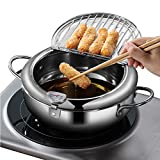 Deep Fryer Pot, Japanese Tempura Small Deep Fryer Stainless Steel Frying Pot With Thermometer,Lid And Oil Drip Drainer Rack for French Fries Shrimp Chicken Wings and Shrimp (24cm/9.4inch)
