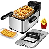 Simoe Deep Fryer with Basket 1700W 3.2QT/3L Electric Deep Fat Fryers for Countertop with Adjustable Temperature, Timer, Lid w/View Window, Drip Hook for Home Kitchen, Stainless Steel