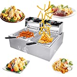 Commercial Electric Deep Fryer，Stainless Steel Kitchen Fryer Machine French Fryer with Basket & Lid for Turkey French Fries Donuts (2 Tanks)