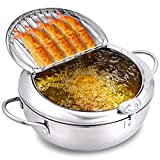cuomaop,deep Fryer Pot,304 Stainless Steel with Temperature Control and Lid Japanese Style Tempura Fryer Pan Uncoated Fryer Diameter: 9.4'